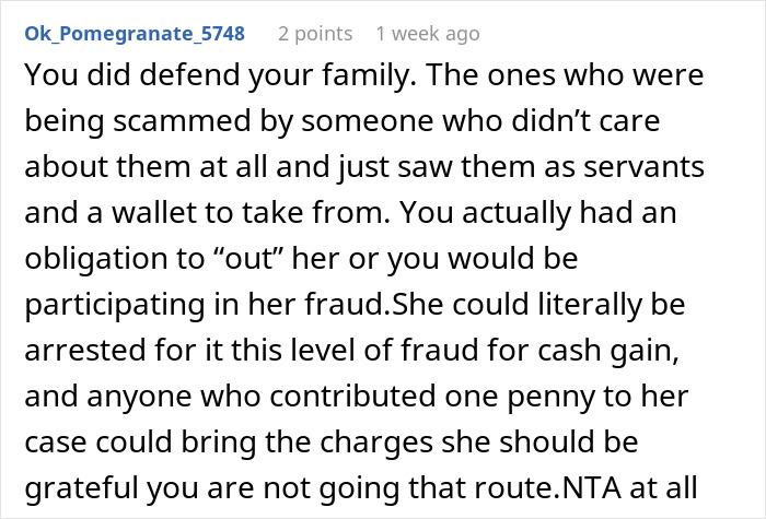 Comment discussing defending family after exposing sister’s fake cancer fraud and the consequences involved. Comment discussing defending family after exposing sister’s fake cancer fraud and the consequences involved.