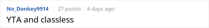 Screenshot of an online comment saying YTA and classless in a discussion about secretly selling alcohol at a dry wedding.