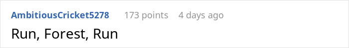 Comment on Reddit post with username AmbitiousCricket5278, showing 173 points and posted 4 days ago, saying Run, Forest, Run.