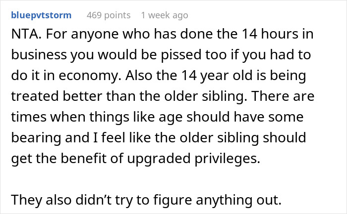 Text discussing a family vacation conflict where one kid gets a business class upgrade while the other must stay in economy. Text discussing a family vacation conflict where one kid gets a business class upgrade while the other must stay in economy.