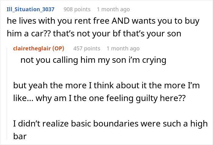 Reddit comments discussing a jobless guy expecting his provider girlfriend to share her $20K win and buy him a car.