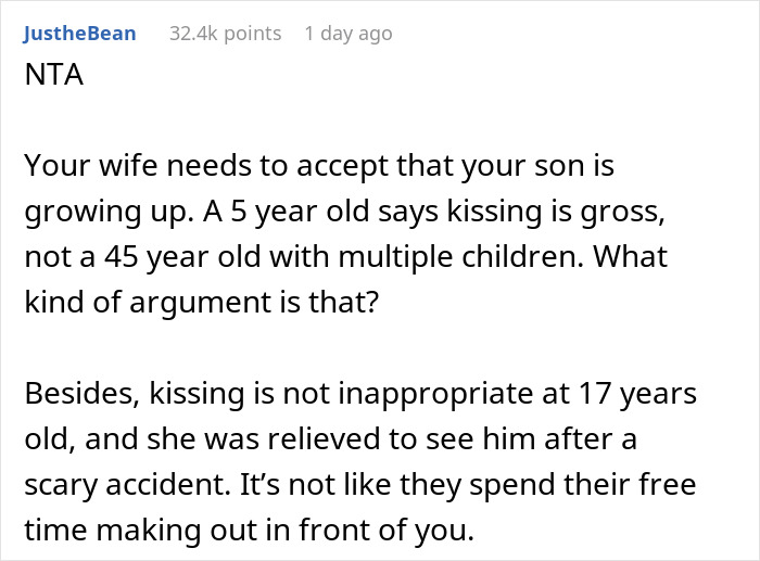 Comment discussing a 45-year-old mom's reaction to her 17-year-old son's girlfriend kissing him after an accident. Comment discussing a 45-year-old mom's reaction to her 17-year-old son's girlfriend kissing him after an accident.