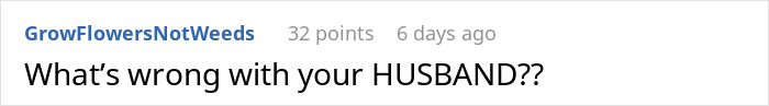 Screenshot of an online comment reading "What&rsquo;s wrong with your HUSBAND??" discussing family conflict and in-law issues.