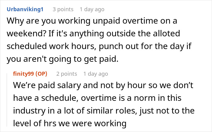 Reddit comments discussing employee working 30 hours overtime and the norm of unpaid overtime in some industries.