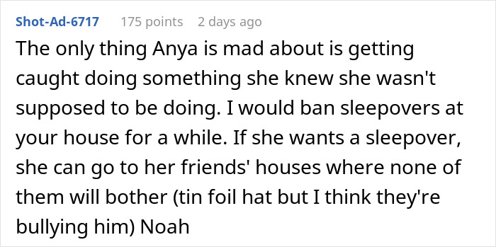Comment discussing enforcing boundaries on daughter's sleepover, suggesting banning sleepovers at home temporarily. Comment discussing enforcing boundaries on daughter's sleepover, suggesting banning sleepovers at home temporarily.
