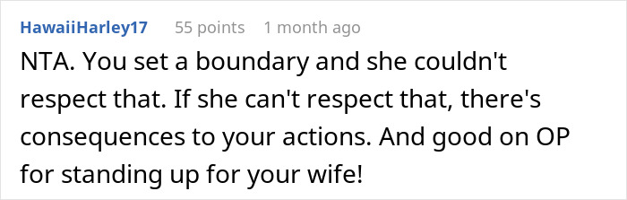 Screenshot of a Reddit comment supporting a son for setting boundaries with his MIL after her unhinged pregnancy remarks.