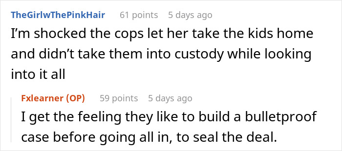 Reddit comments discussing a mom exposing poor parenting by making cousin babysit, risking losing custody of her kids.