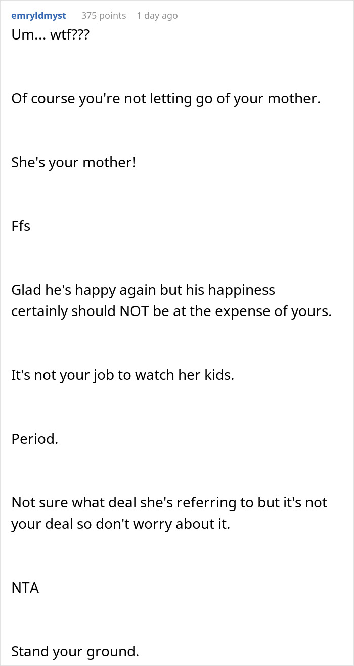 Comment text discussing a teen refusing to babysit in a blended family and standing their ground against stepmom's expectations.