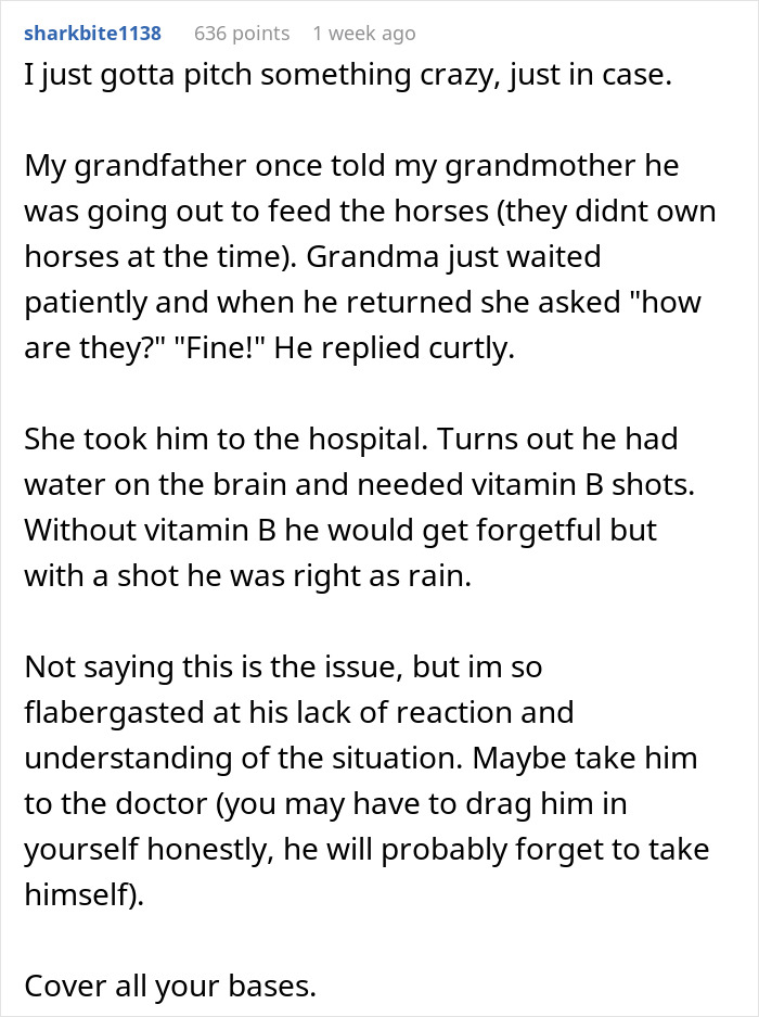 Alt text: Reddit comment sharing a story about a grandfather’s memory issue and advice on handling health concerns. Alt text: Reddit comment sharing a story about a grandfather’s memory issue and advice on handling health concerns.