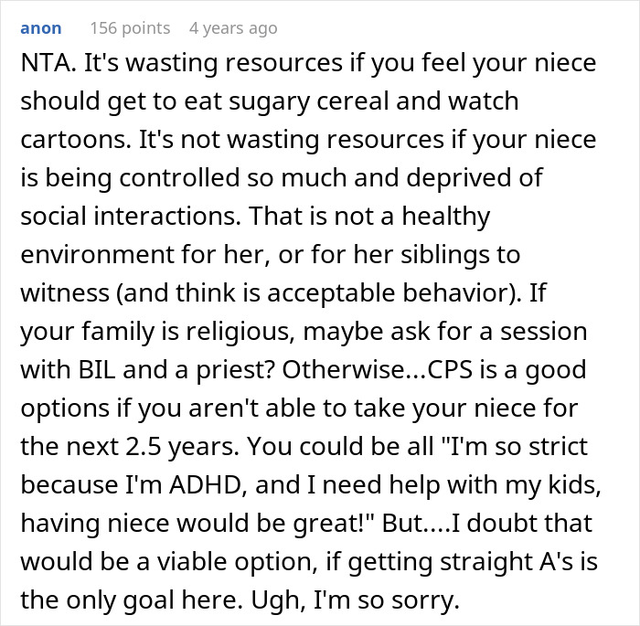 Commenter discussing niece's home life and debating calling CPS due to concerns about her environment and wellbeing.