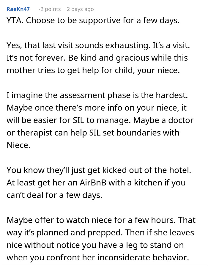 Screenshot of a Reddit comment discussing a man unprepared to deal with SIL&rsquo;s kid and offering to pay for a hotel stay.