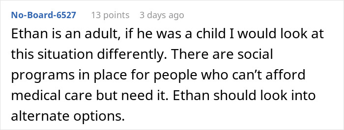 Screenshot of a forum comment discussing responses to paying for a stepson’s surgery and financial options for medical care. Screenshot of a forum comment discussing responses to paying for a stepson’s surgery and financial options for medical care.