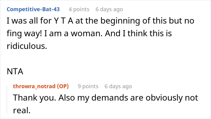 Woman rejects husband's description of tradwife role in online discussion about their relationship expectations.