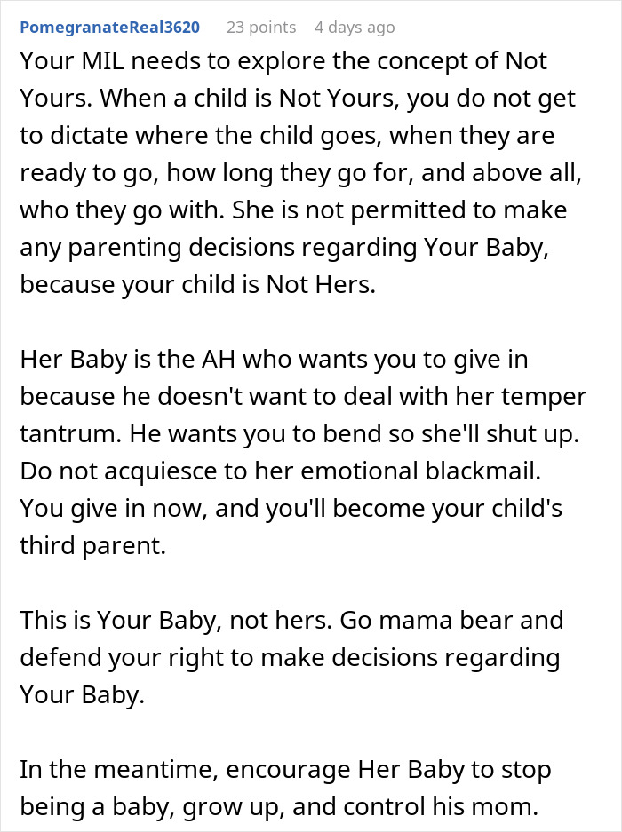Text conversation about setting boundaries with a MIL regarding parenting decisions for a mil-daughter-surprise-vacation.