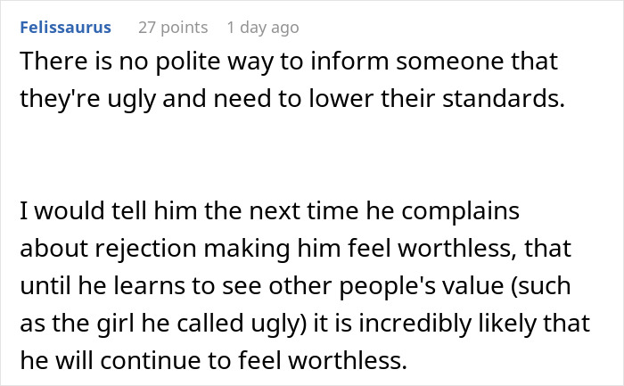 Comment discussing the reality check given to a man who only wants to date influencer-like women and needs to lower his standards. Comment discussing the reality check given to a man who only wants to date influencer-like women and needs to lower his standards.