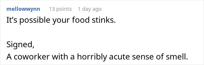 Screenshot of a forum comment discussing a coworker complaining about a woman&rsquo;s lunch smelling too real at work.