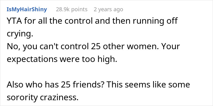 Comment discussing the bride&rsquo;s dream bachelorette turning into a lonely cry-fest due to strict rules and friend rebellion.