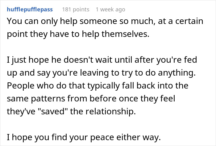 Comment about someone needing to help themselves and struggles in a relationship causing frustration and seeking peace. Comment about someone needing to help themselves and struggles in a relationship causing frustration and seeking peace.