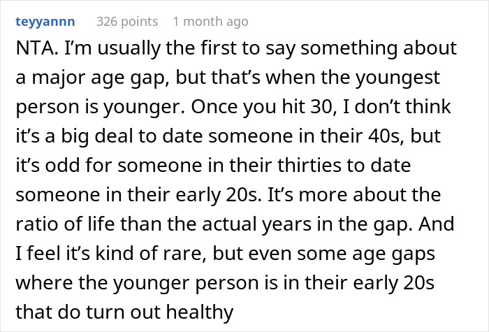 Screenshot of a Reddit comment discussing age gap dating and perspectives on women dating someone 16 years older against family disapproval. Screenshot of a Reddit comment discussing age gap dating and perspectives on women dating someone 16 years older against family disapproval.