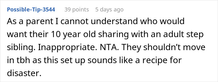 Comment discussing concerns over a 10-year-old living with an adult stepsibling and calling the situation inappropriate.