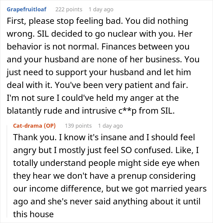 Text exchange discussing a greedy sister-in-law causing family drama over brother’s new house and finances. Text exchange discussing a greedy sister-in-law causing family drama over brother’s new house and finances.