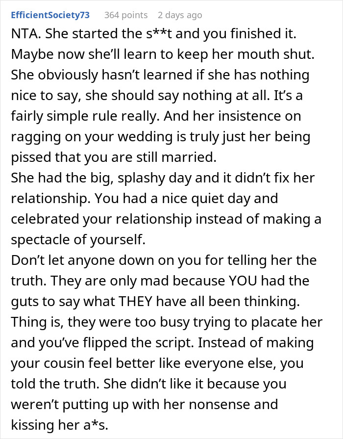 Text excerpt from a comment where a woman claps back at cousin insulting her wedding, affirming she is still married.