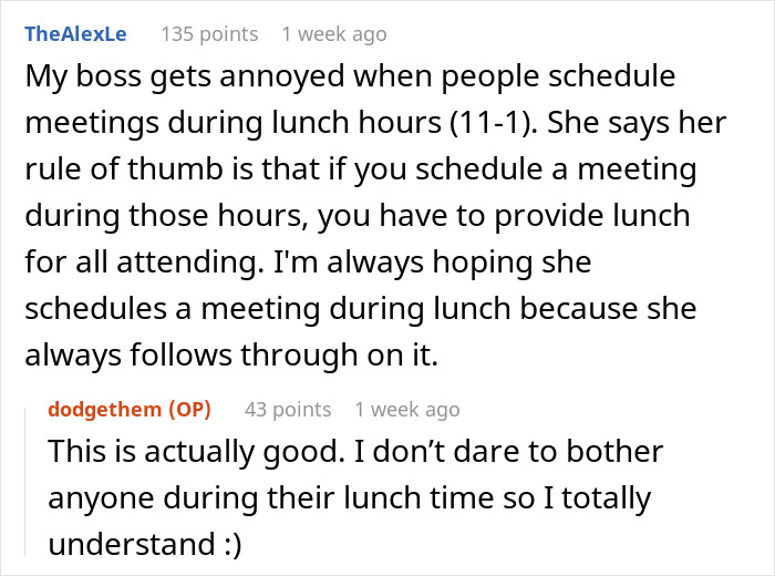 Comment discussing boss demanding meetings during lunch breaks and the need to make sacrifices at work. Comment discussing boss demanding meetings during lunch breaks and the need to make sacrifices at work.