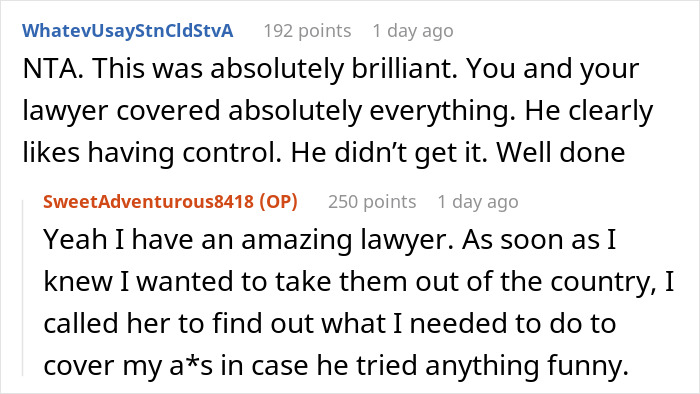 Screenshot of a Reddit discussion about a woman who revoked her deadbeat ex&rsquo;s passport, leaving him stranded at the airport.