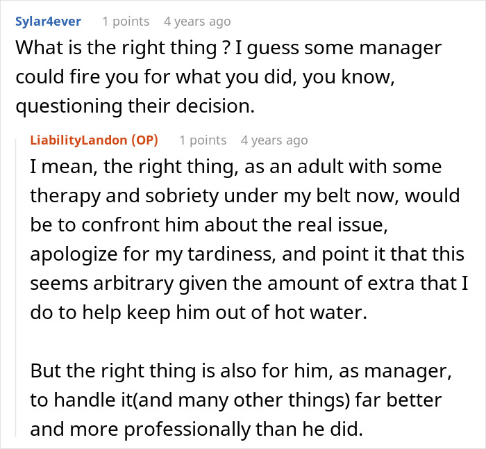 Screenshot of a Reddit conversation discussing confrontation about tardiness and managing schedules professionally.