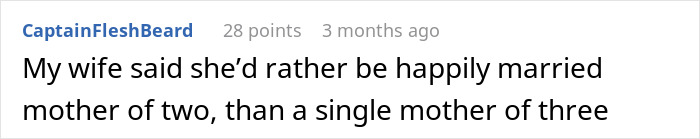 Screenshot of a Reddit comment about a wife obsessed with having more kids facing a choice between marriage or a third child. Screenshot of a Reddit comment about a wife obsessed with having more kids facing a choice between marriage or a third child.