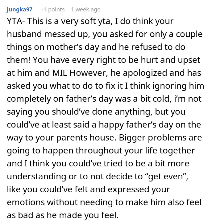 Comment discussing a man skipping his wife&rsquo;s first Mother&rsquo;s Day to spend time with his mom, expressing hurt feelings.