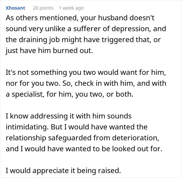 Comment discussing husband’s slow change in behavior and its impact on marriage, suggesting checking with a specialist. Comment discussing husband’s slow change in behavior and its impact on marriage, suggesting checking with a specialist.