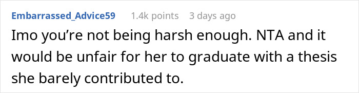 Comment discussing woman at risk of not graduating due to lack of contribution to shared thesis and fairness concerns.