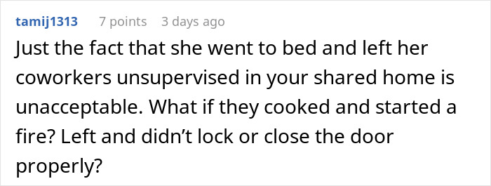 Screenshot of a forum comment criticizing leaving coworkers unsupervised in a shared home, mentioning safety concerns.
