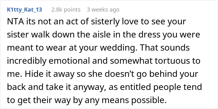 Comment discussing wedding dress sisters drama, expressing the emotional pain of seeing a sister wear the intended wedding dress.