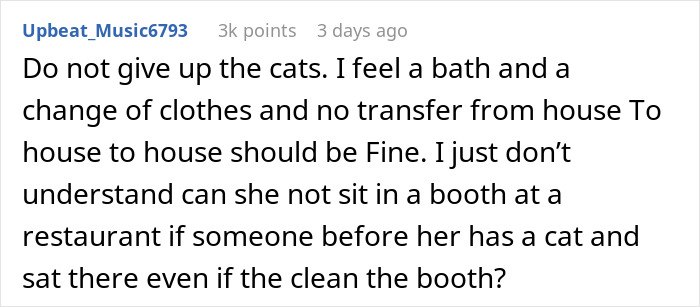 Comment discussing a man demanding his ex rehomes her cats due to his new wife&rsquo;s severe allergy concerns.