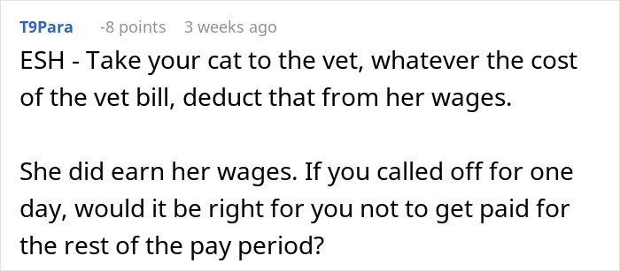 Reddit comment discussing payment and vet costs related to refusing to pay a cat-sitter after a pet emergency.