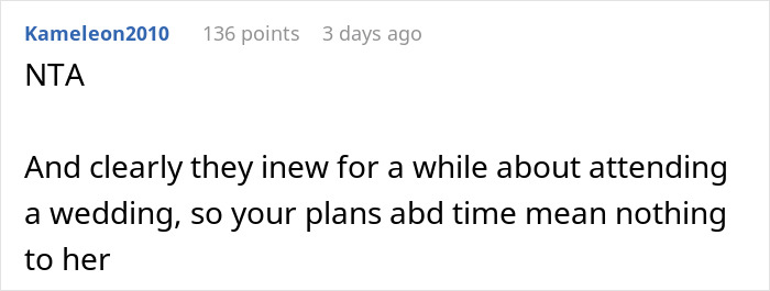 Reddit comment showing refusal to babysit niece after sister-in-law's rudeness with plans conflicting with wedding attendance. Reddit comment showing refusal to babysit niece after sister-in-law's rudeness with plans conflicting with wedding attendance.