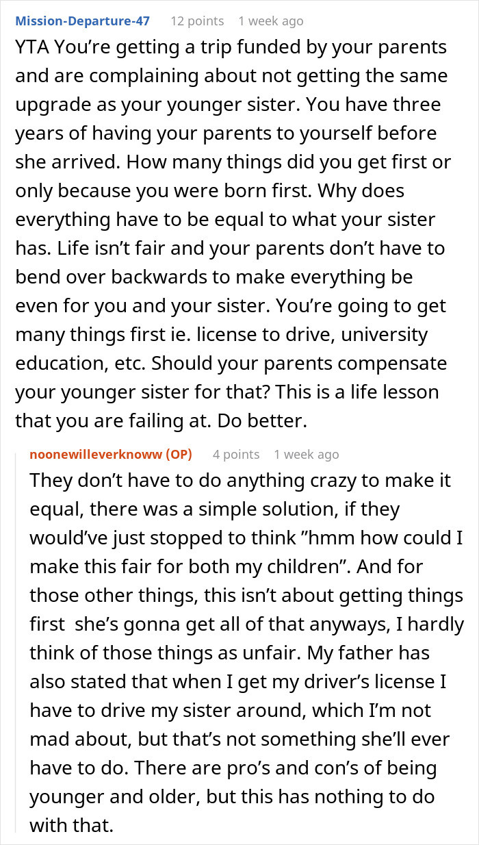 Reddit discussion about family vacation conflict after dad upgrades one kid to business class and tells the other to deal with it. Reddit discussion about family vacation conflict after dad upgrades one kid to business class and tells the other to deal with it.