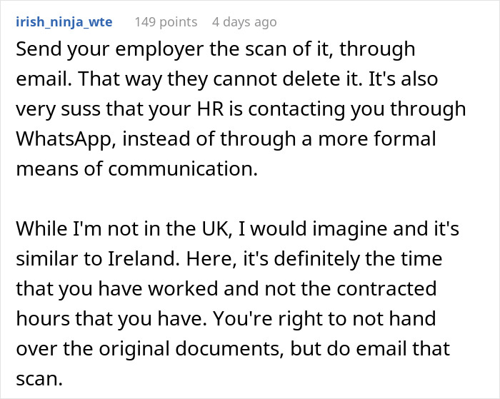 Comment advising a pregnant woman to email a scan of her document to prove maternity leave eligibility and avoid deletion.