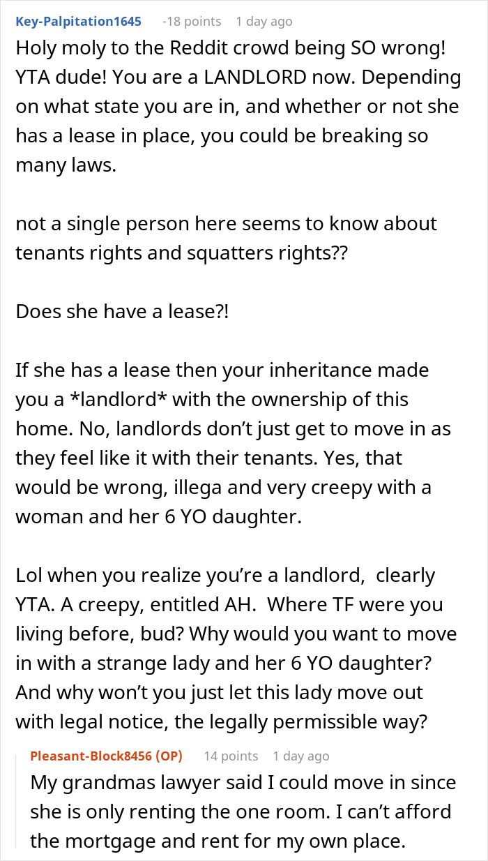 Reddit discussion about man inheriting house and tenant&rsquo;s rights conflict over living arrangements and lease issues.