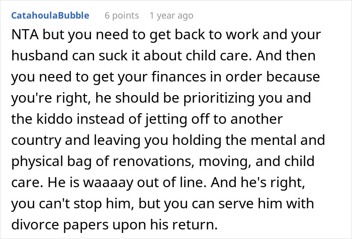 Alt text: Reddit comment about husband leaving wife to handle moving, renovations, and child care while he travels, highlighting married couple struggles.