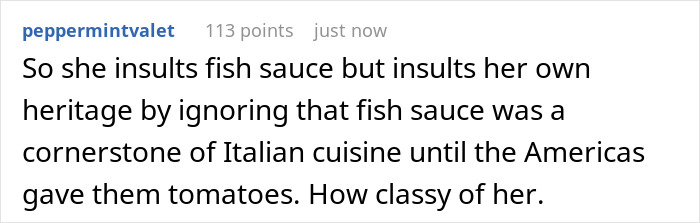 Text comment discussing Italian cuisine and heritage, mentioning fish sauce and the impact of the Americas on Italian food.