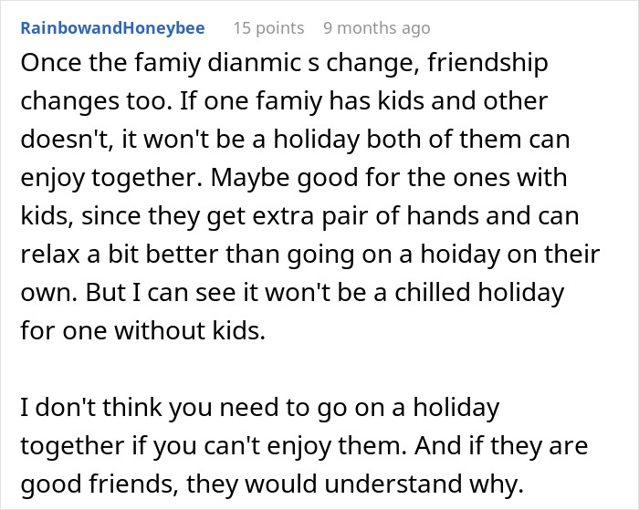 Comment discussing how friends' kids often turn trips to chaos, causing couples to seek a way out of misbehavior.