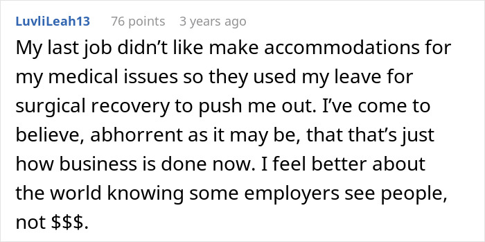 User comment about employee medical leave mistreatment, highlighting insurance company denies employee claim issues. User comment about employee medical leave mistreatment, highlighting insurance company denies employee claim issues.