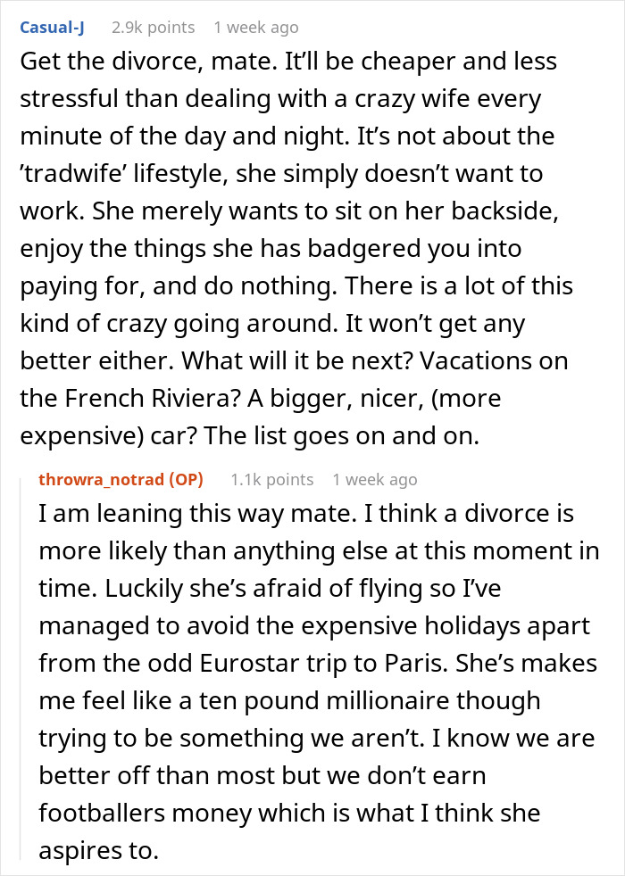 Reddit discussion about a woman asking her husband to be a tradwife and his perspective on the tradwife lifestyle.