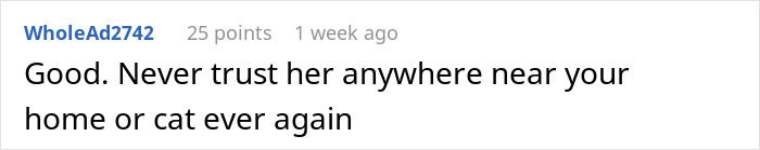 Comment on AITA post about refusing to pay cat-sitter, advising to never trust her near home or cat again.