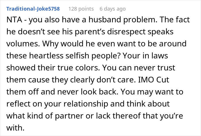 Reddit comment advises woman to cut contact with disrespectful in-laws who ignored their dying granddaughter.