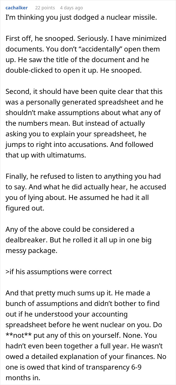 Comment discussing a man furious after his girlfriend lets him break up due to not understanding an Excel document. Comment discussing a man furious after his girlfriend lets him break up due to not understanding an Excel document.