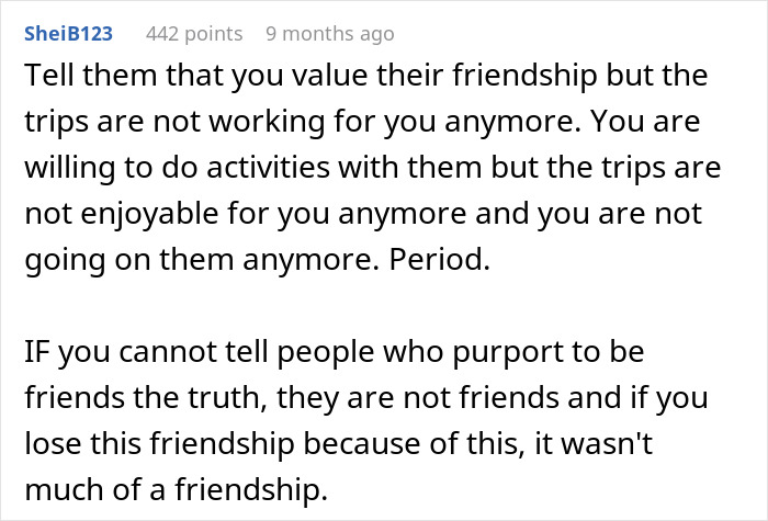 Comment discussing issues with friends' kids misbehaving and trips turning into chaos, seeking a way out.